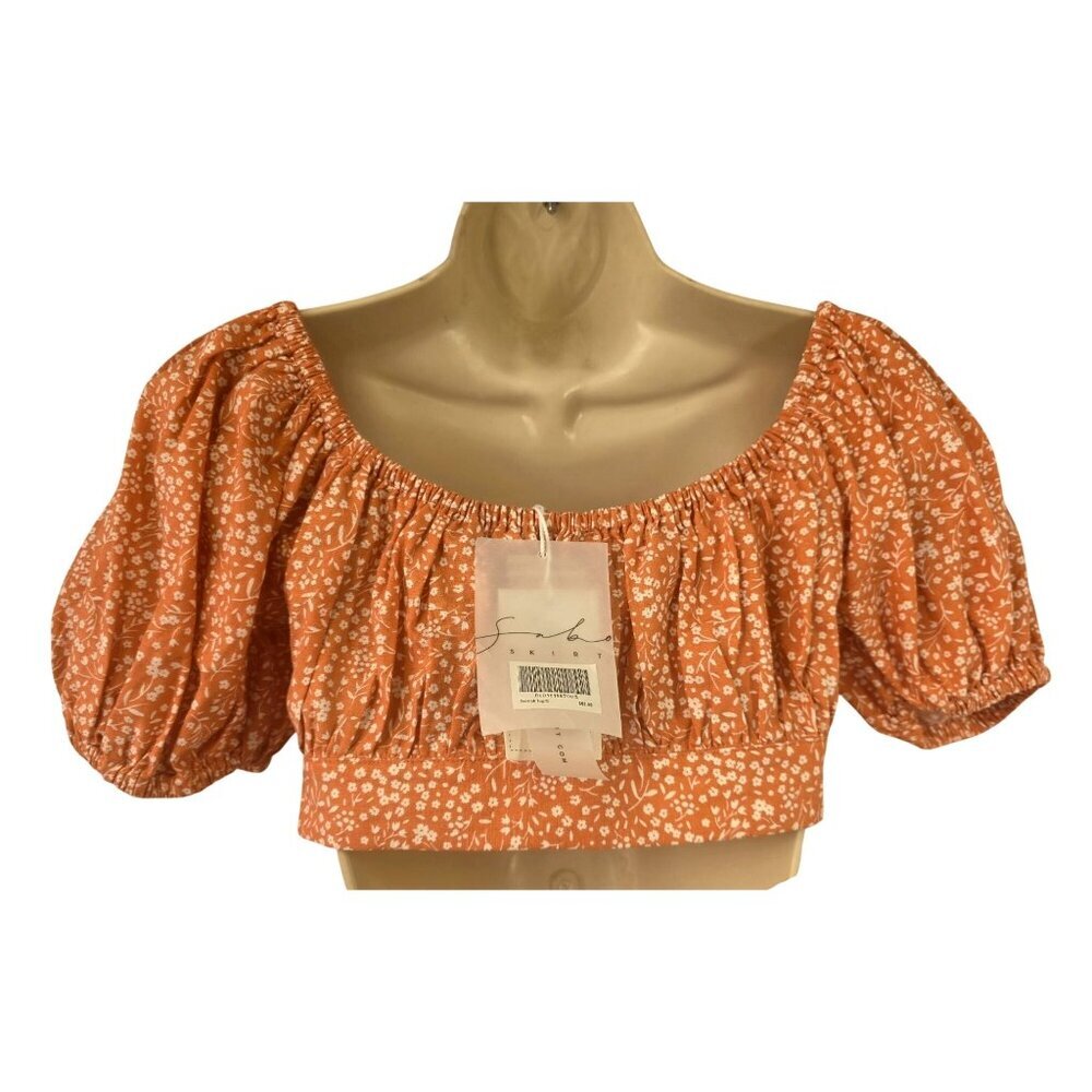Sabo Skirt Neviah Crop Top Womens S Peach Floral Puff Sleeve Tie Front Crop NWT - Picture 4 of 9